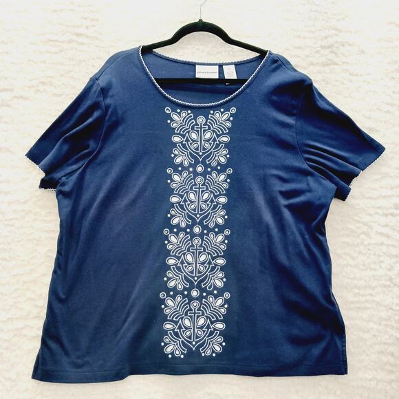 Top Size XL Navy White Embroidery Cruise Nautical Sailorcore Coastal Classic Y2K - Picture 1 of 14